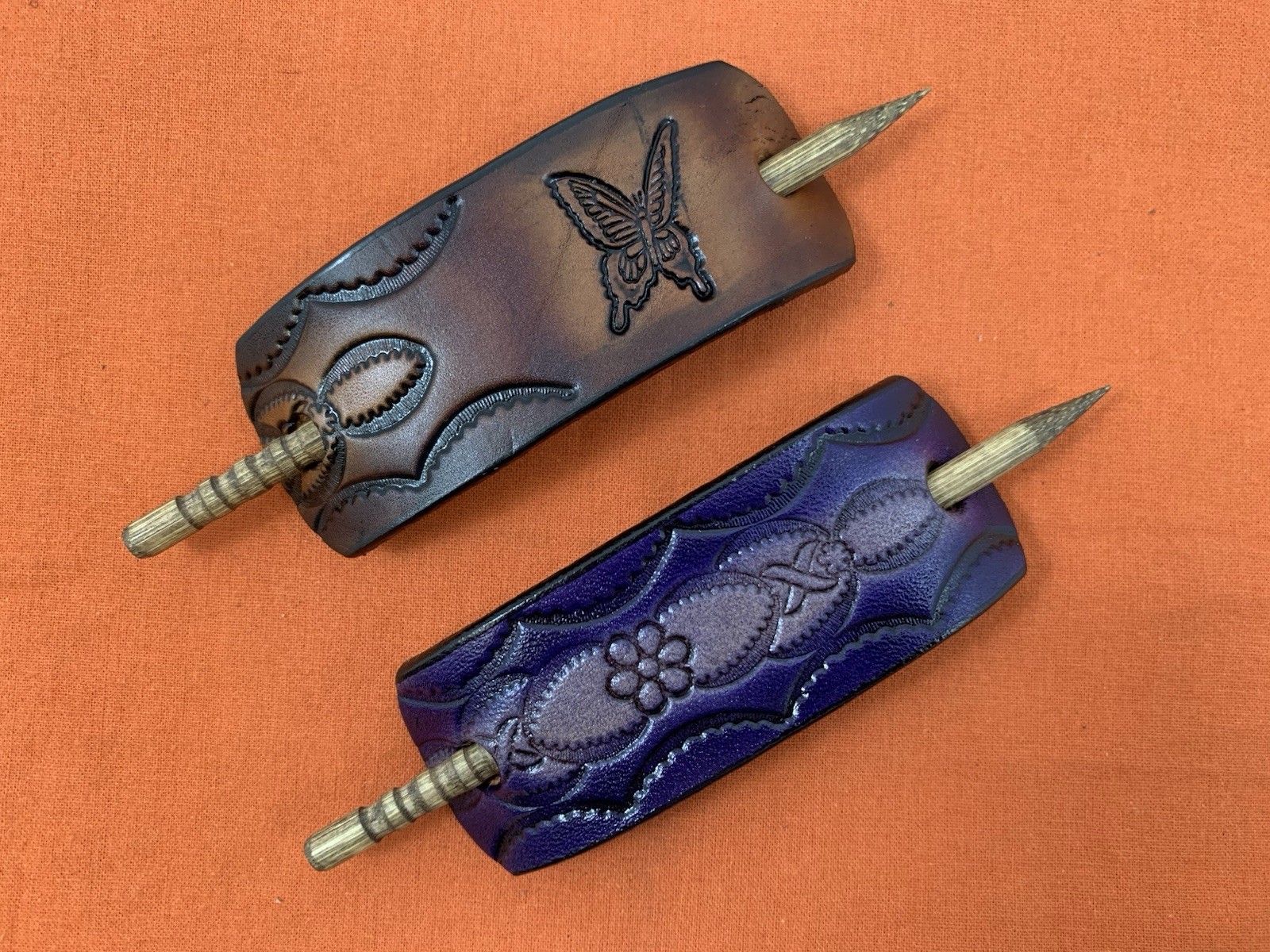 2 Leather Hair Barrettes w Sticks, Ponytail, Butterfly Flower, Handcrafted #205