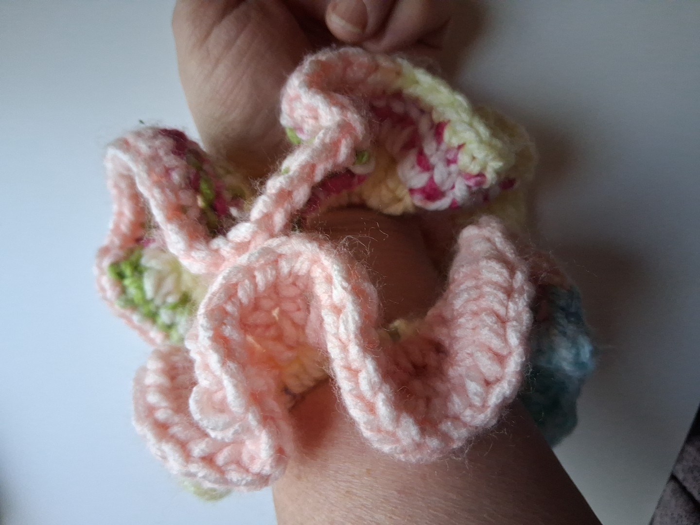 2 Multicoloured Homemade Crochet Wool Scrunchies.,