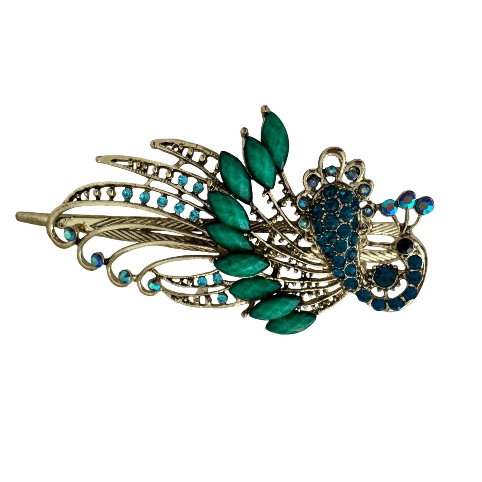 Vintage Style Peacock Hair Clip Green Blue Rhinestone Gold Tone Barrette Slide