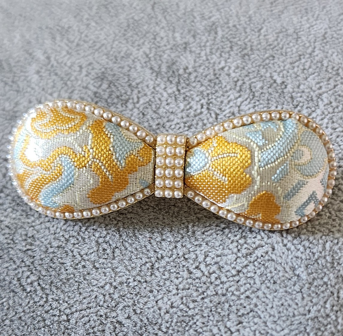 Gold Tone Bow Barrette Hair Clip, Floral Fabric, Faux Pearl Beaded Accent NWOT