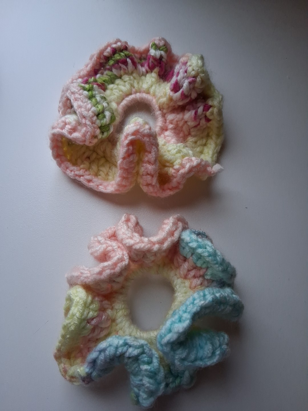 2 Multicoloured Homemade Crochet Wool Scrunchies.,