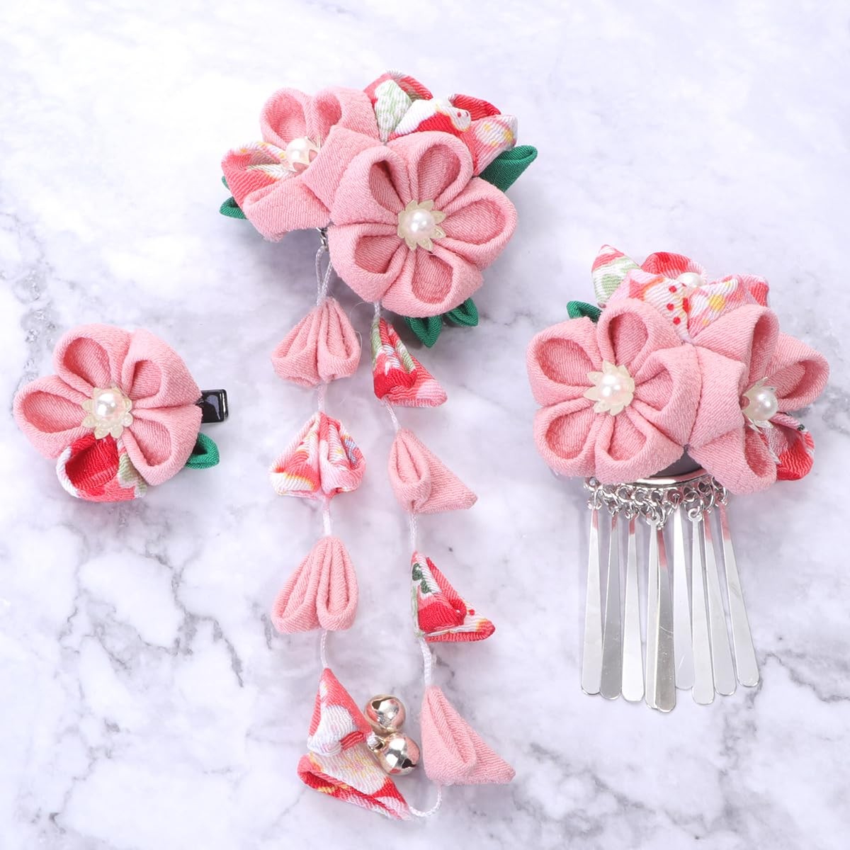 Japanese Kimono Flower Hair Clips Tassel Hairpins Pink Metal Accessories 3 PCS