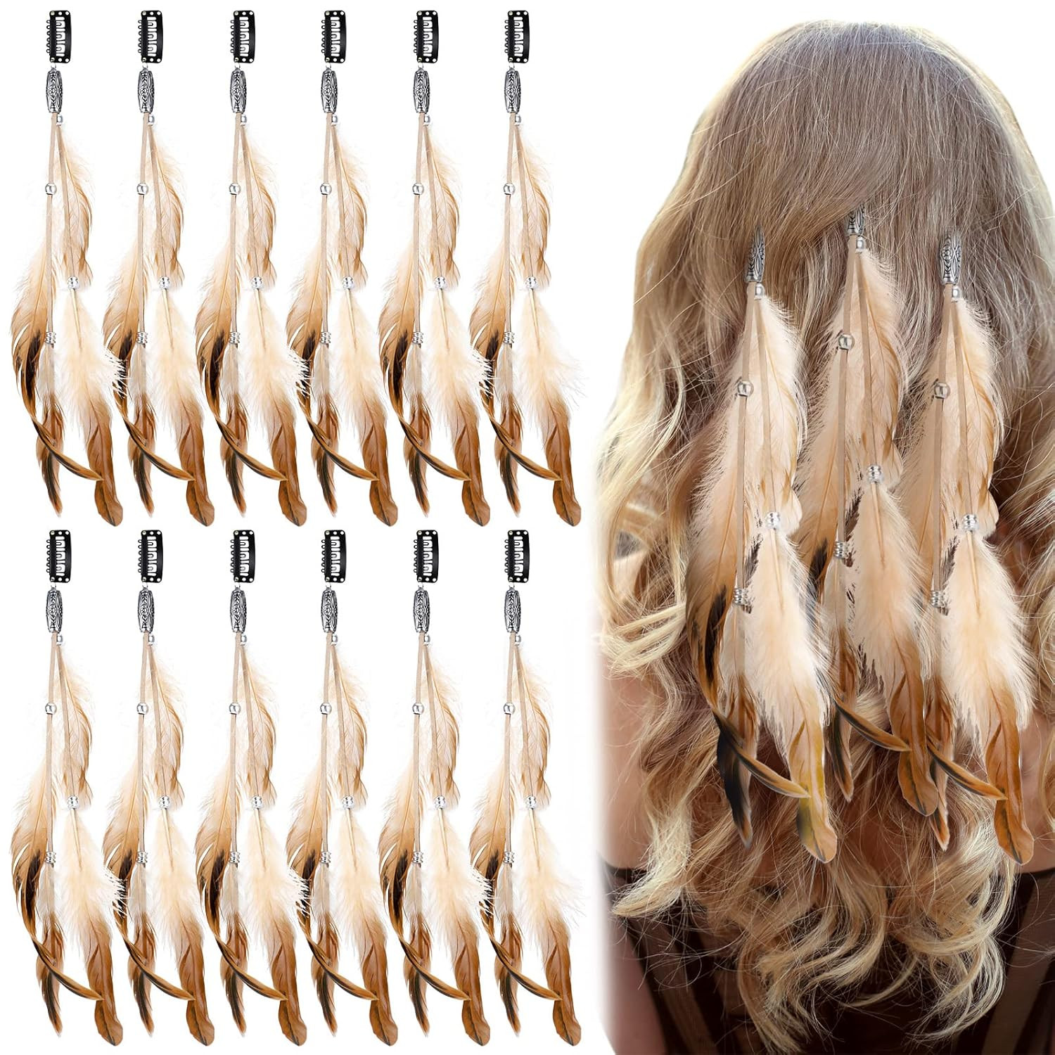 12 Pcs Clip in Hair Feathers Extensions for Women Colored Boho Feather Hair Clip