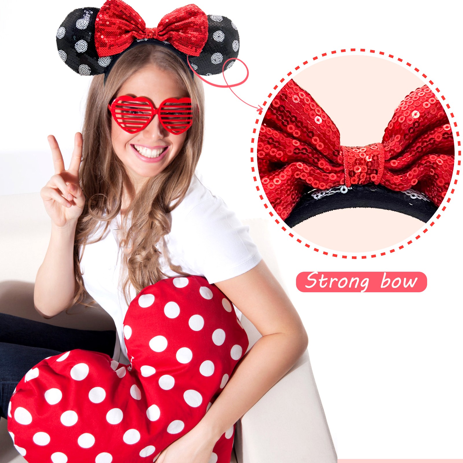 Disney-Parks Minnie Mouse Sequined Black White Polka Dot Red Bow Ears Headband-