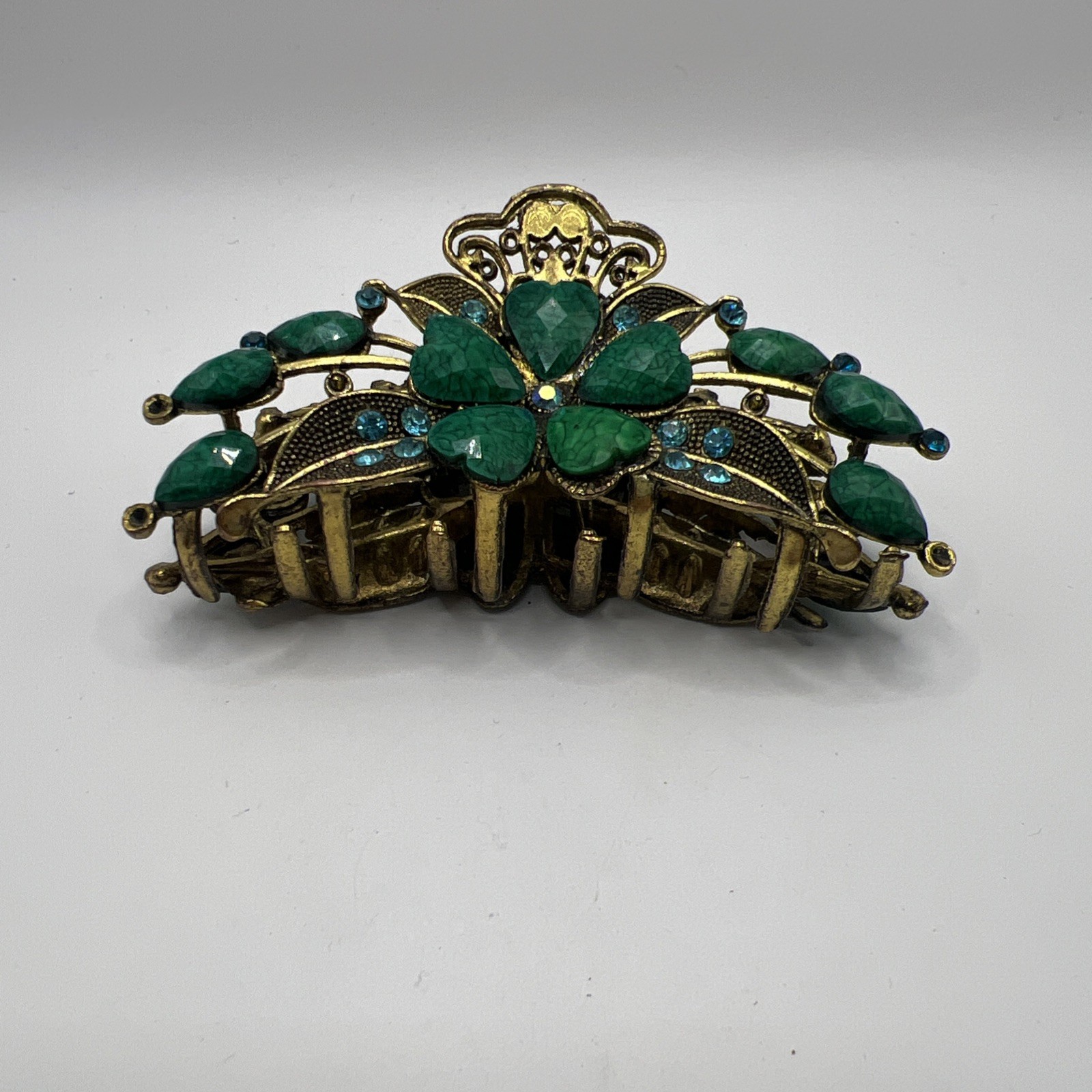 Emerald Green Glass Blue Rhinestone Floral Hair Claw Clip