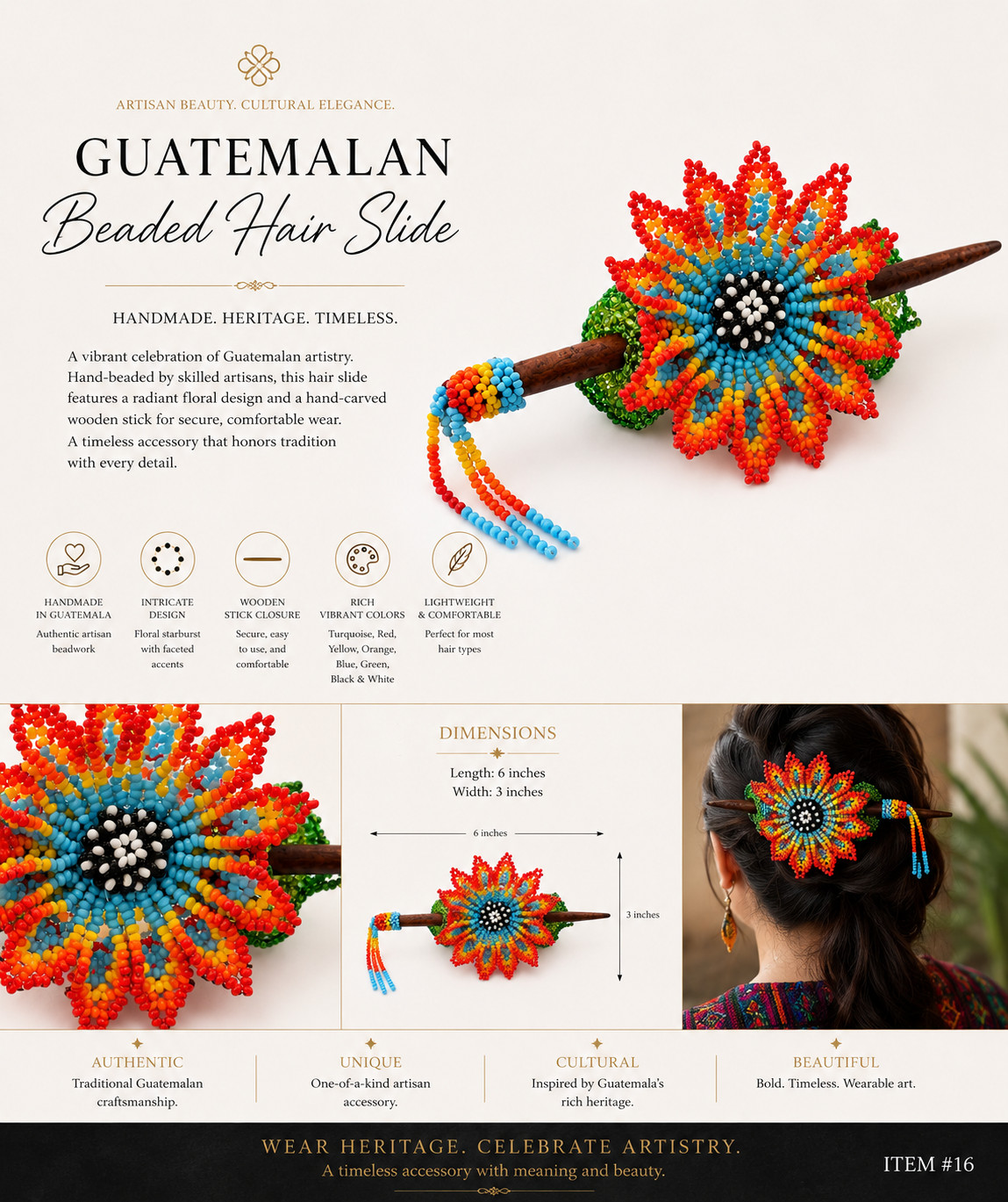 Guatemala Artisan Beaded Floral Hair Barrette Wooden Hair Accessory #2026053002