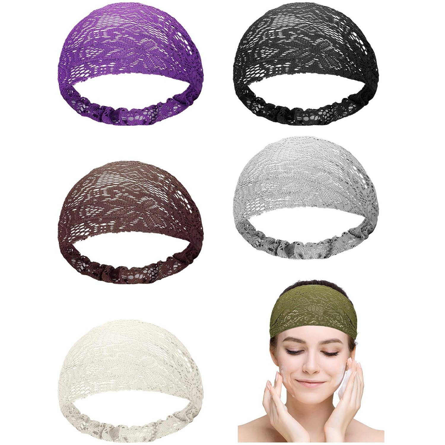 6 Pieces Lace Headbands for Women Crochet Head Wrap Elastic Elegant Bohemian Vin
