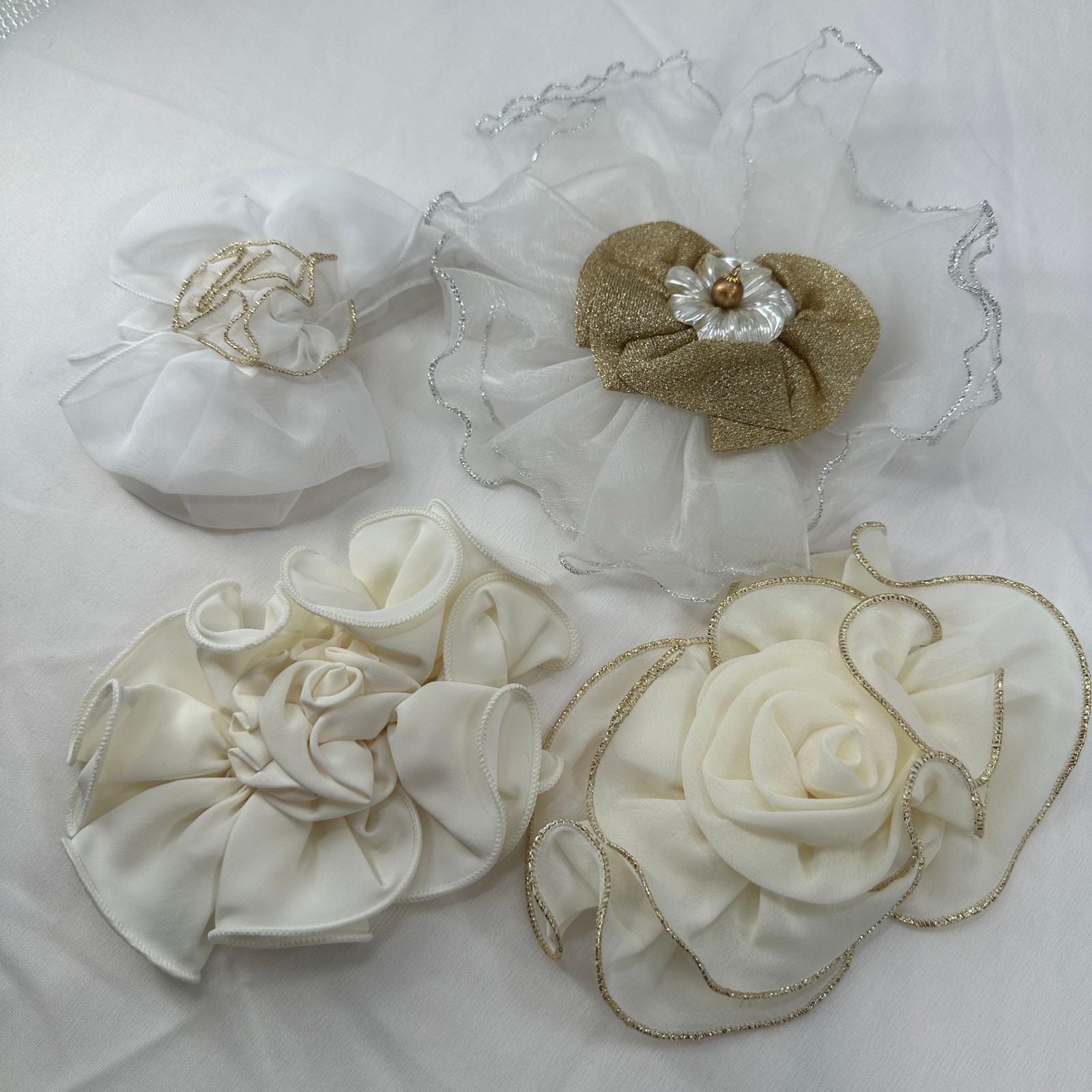 VTG Lot of 4 Handmade Elegant White Organza Fabric Brooch Hair Clip – NO CLIPS