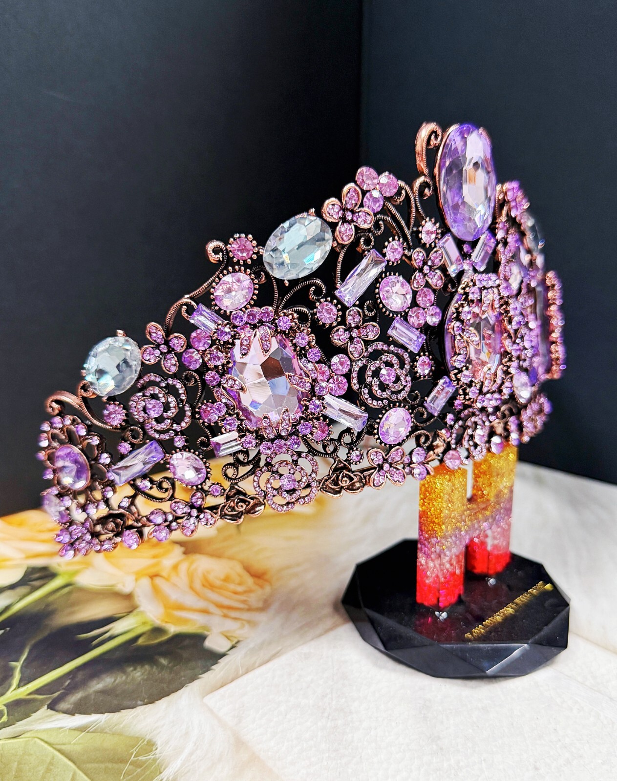 Vintage Handmade Crown, Lavender Crystal Crown, Victorian Tiara, Copper Crown