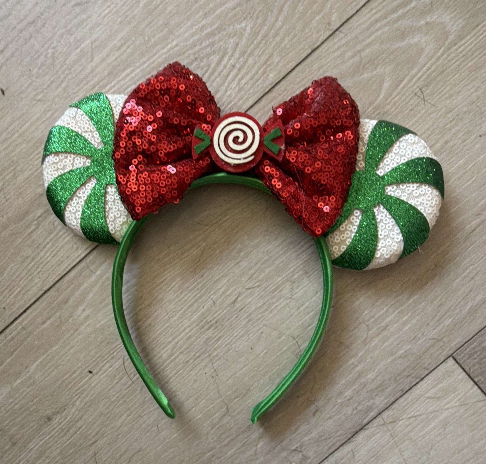 Minnie Mouse Ears Headband Christmas Sequined Bow Candy Cane Green Red White