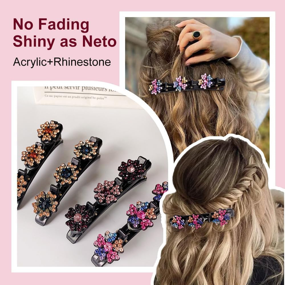 2 Pcs Crystal Rhinestone Braided Hair Clips Satin Duck Bill Hair Accessories