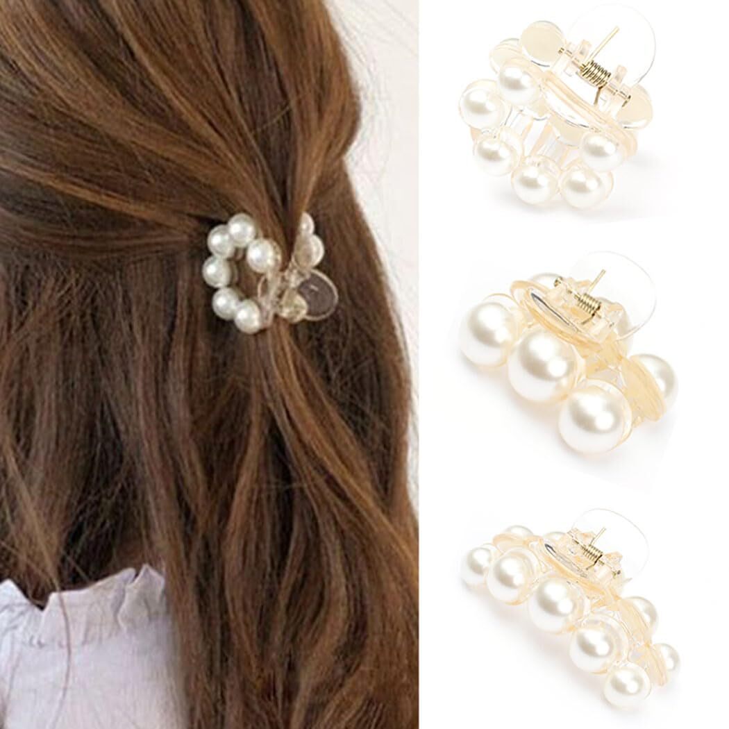 White Pearl Claw Clip Small Hair Clips 3 PCS Cute Hair Accessories for Women
