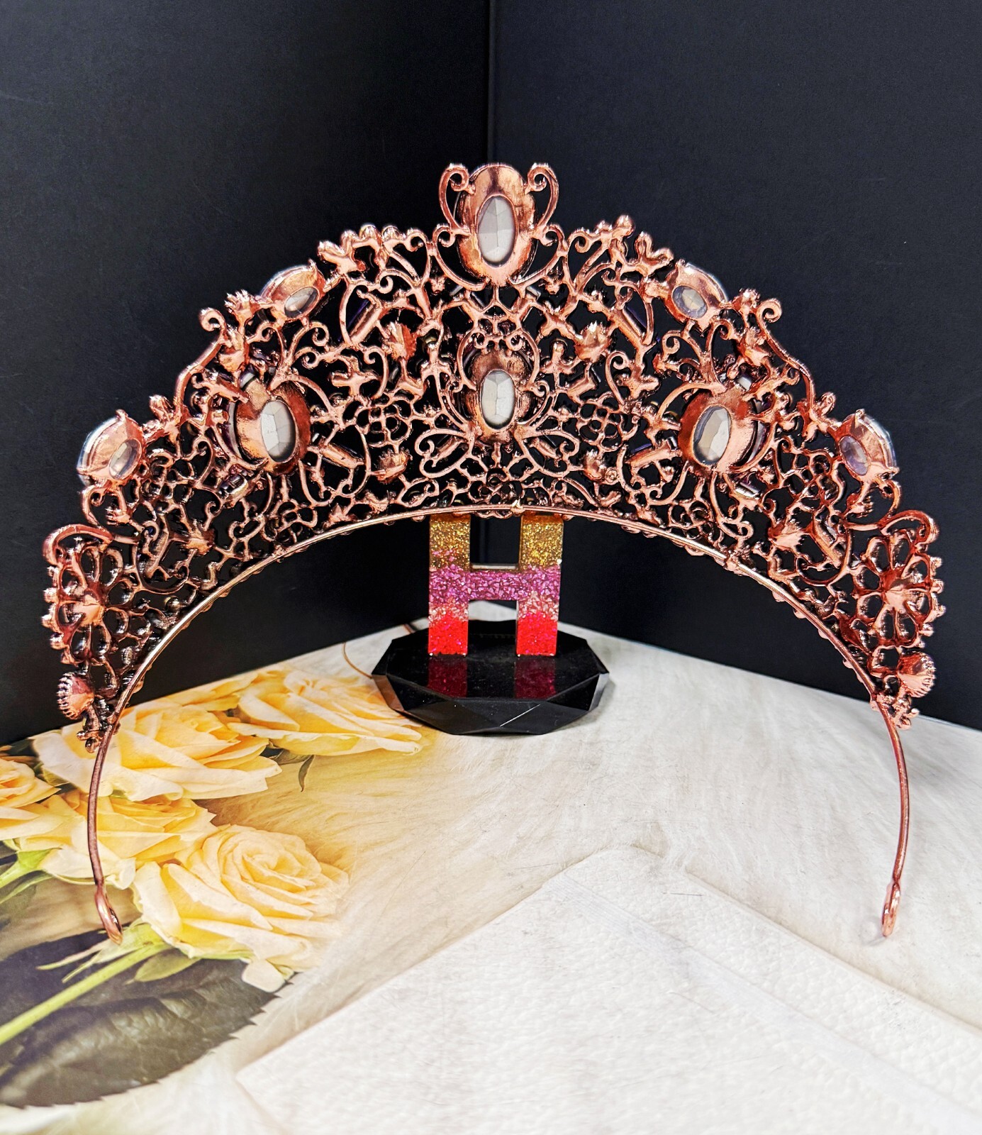 Vintage Handmade Crown, Lavender Crystal Crown, Victorian Tiara, Copper Crown