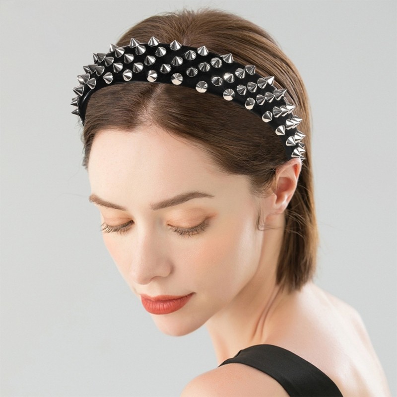 Faux-Leather Rivets Design Headbands Woman Yoga Makeup Elastic Stretch Headband