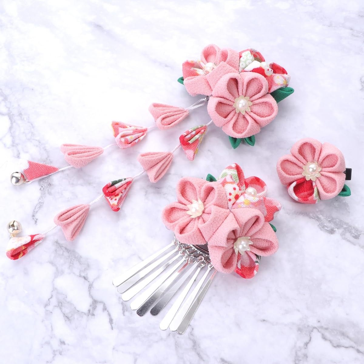 Japanese Kimono Flower Hair Clips Tassel Hairpins Pink Metal Accessories 3 PCS