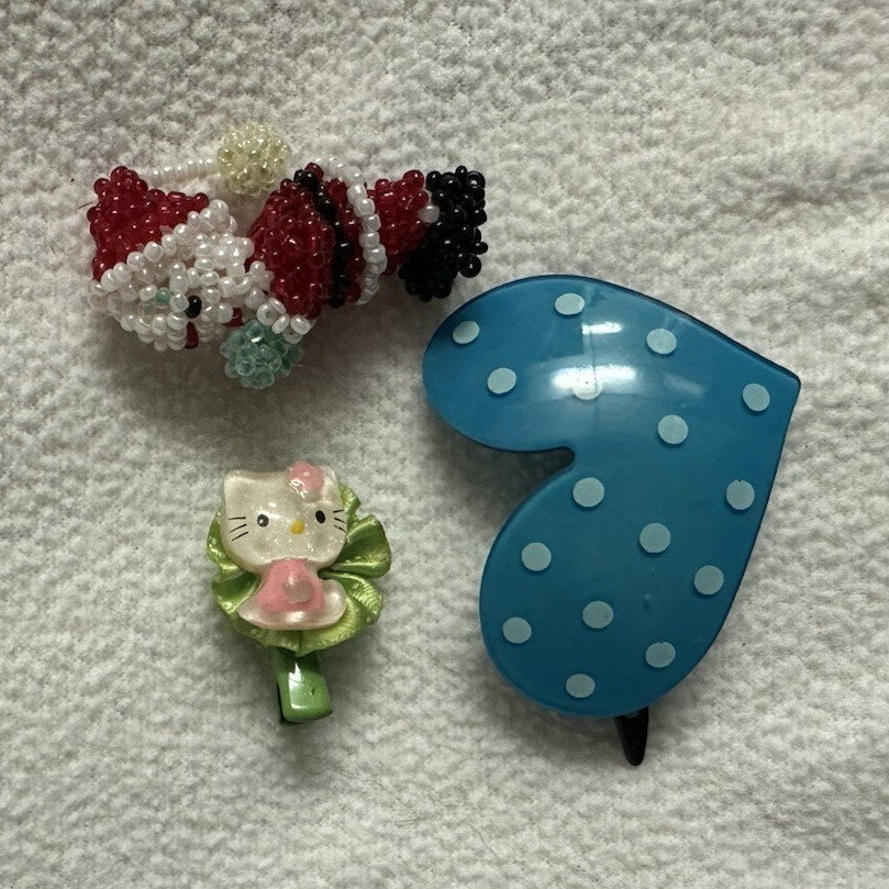 Lot of 3 Women’s Hair Barrettes Blue Polka Dot Heart & Santa Beaded Clips
