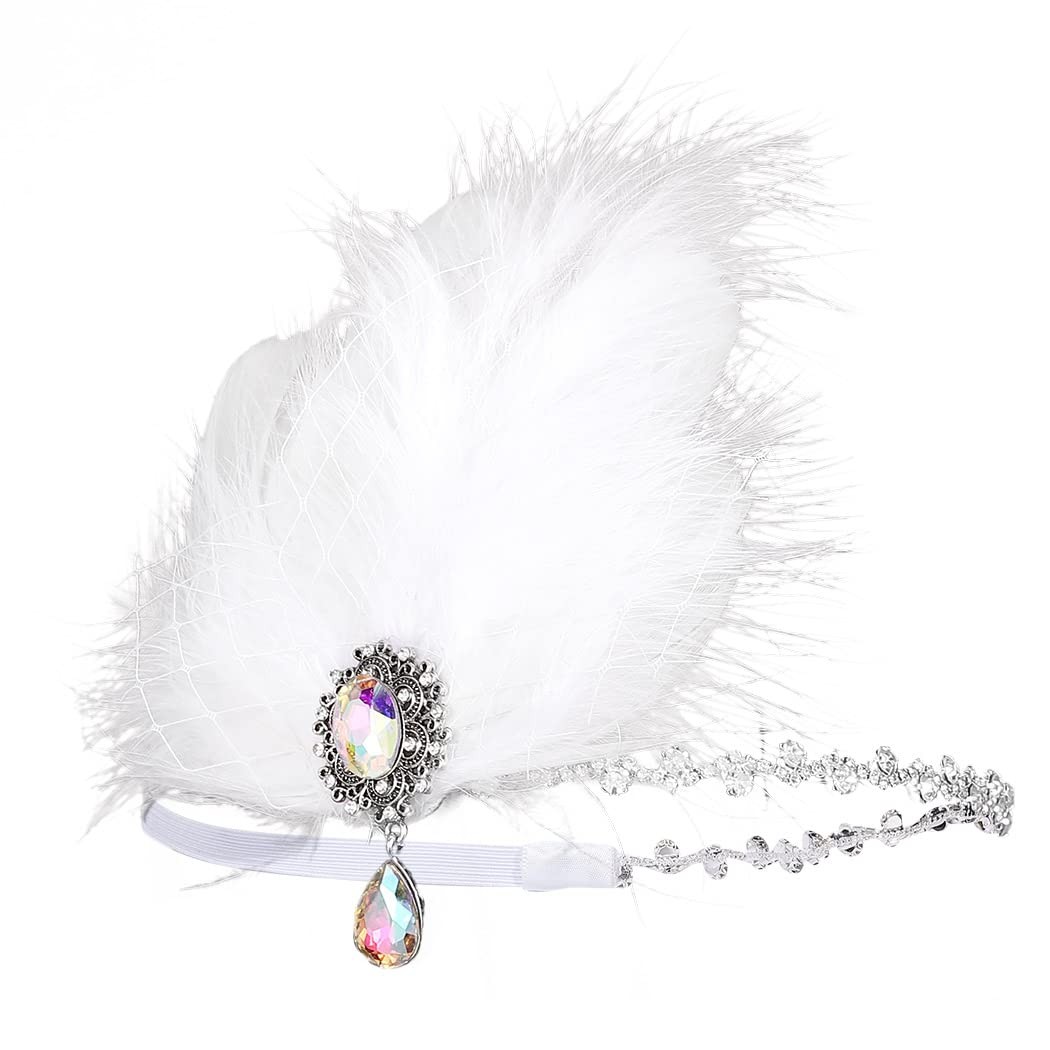 1 PC 1920s Flapper Headpiece White Feather Headband Rhinestone Party Hair