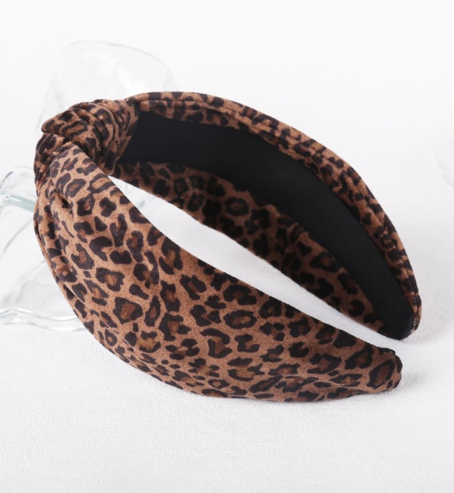 Brown Leopard Printed Wide Velvet Top Knotted Headband Hair Accessories Band