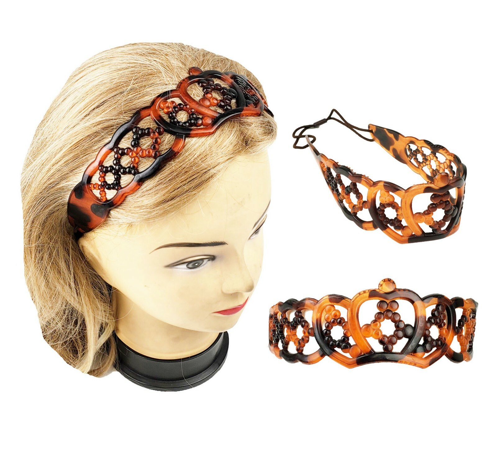 2 PCS French Style Crown Tortoise Headband Flexible with Elastic Band