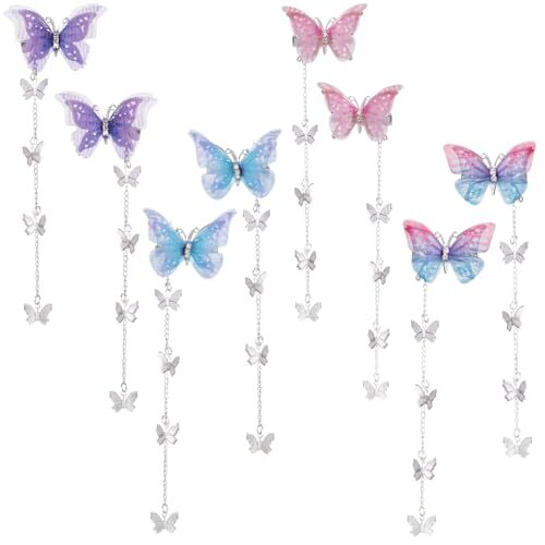 8pcs Butterfly Tassel Hair Clips, Cute Fairy Snap Barrettes Purple Blue Pink