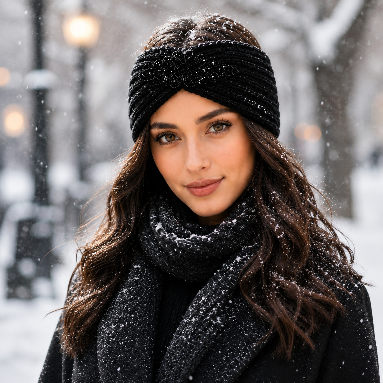 Women Headband Winter Ear Warm Crystal Beads Turban Headwarp Knit Wool Boho Hat