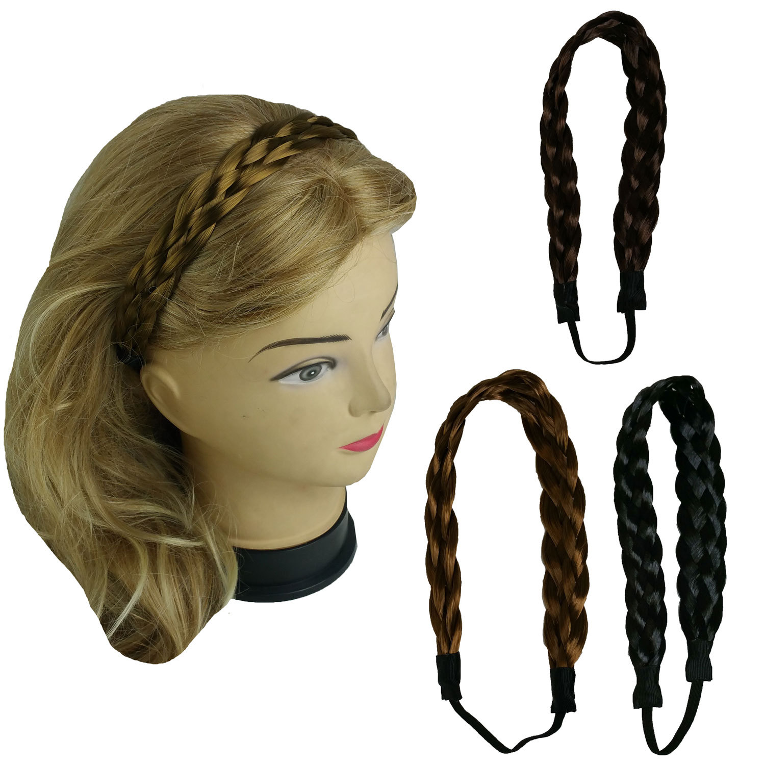 Synthetic Hair Band Plaited Headband Braided with Elastic 3/4″~1″ Wide