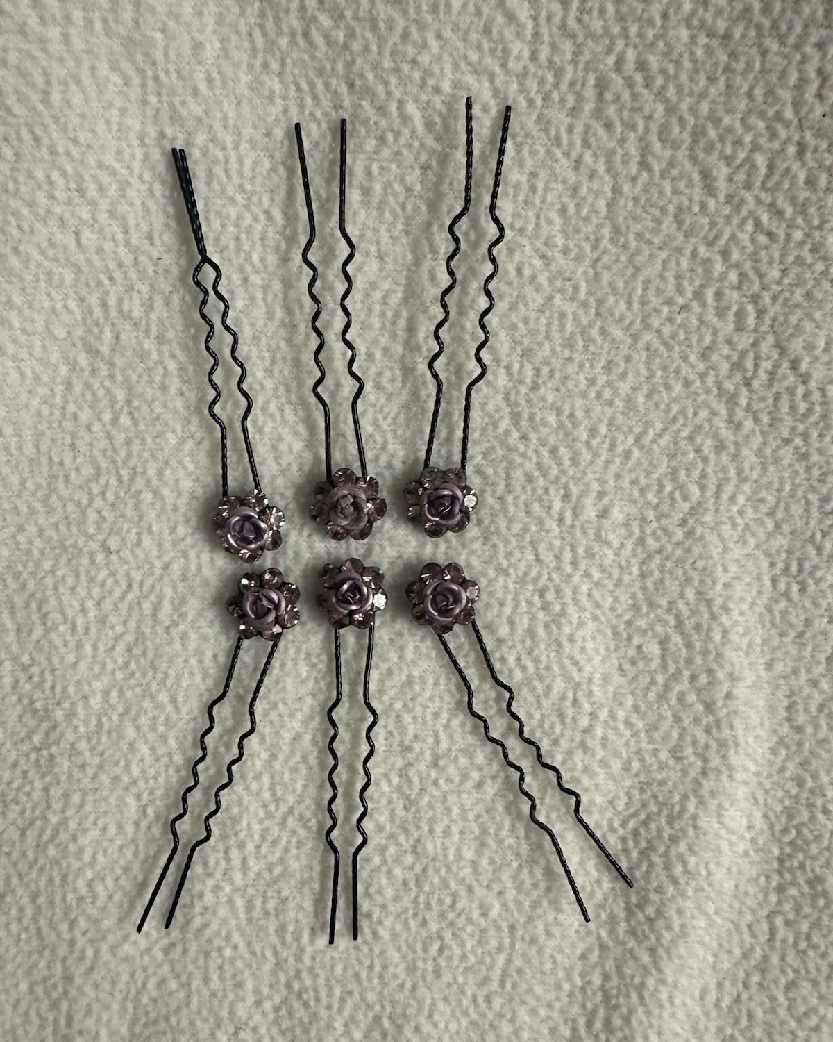 Set of 6 Women’s Metal Hair Pins Purple/Silver Flower Floral Rhinestone