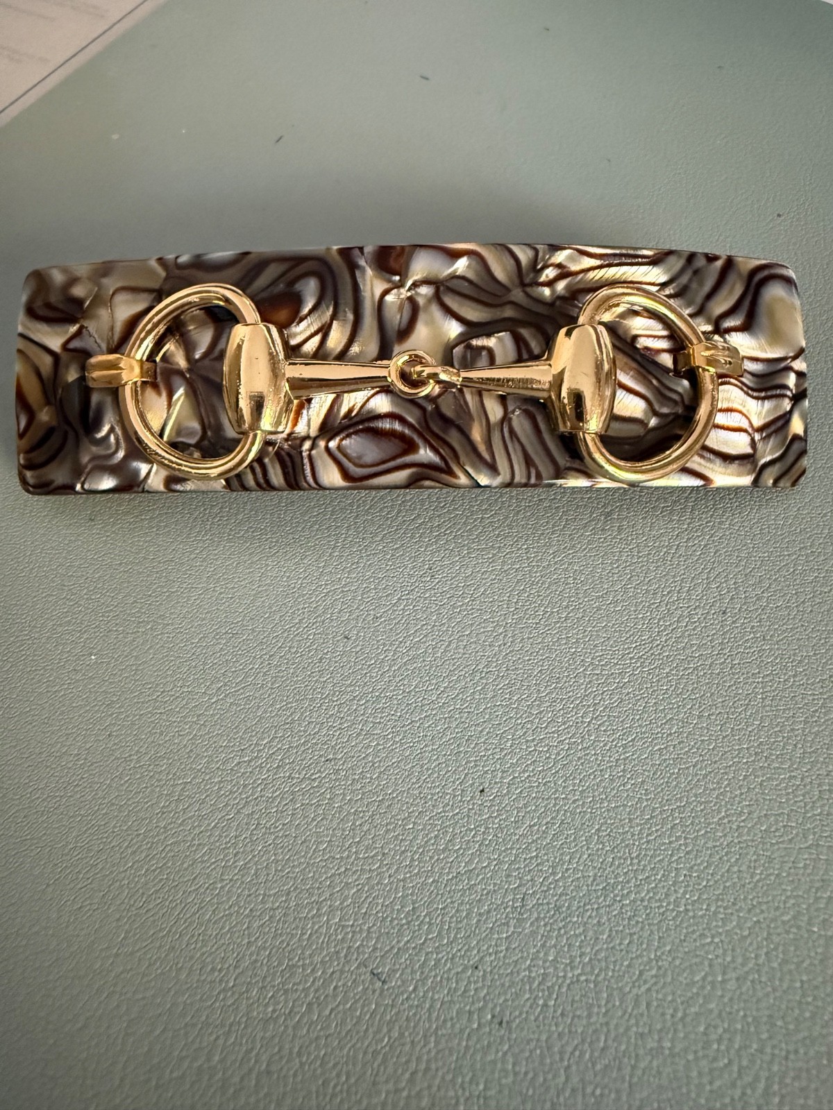 France Luxe Rectangle VOLUME BARRETTE BLACK ONYX with Gold Equestrian Bit detail