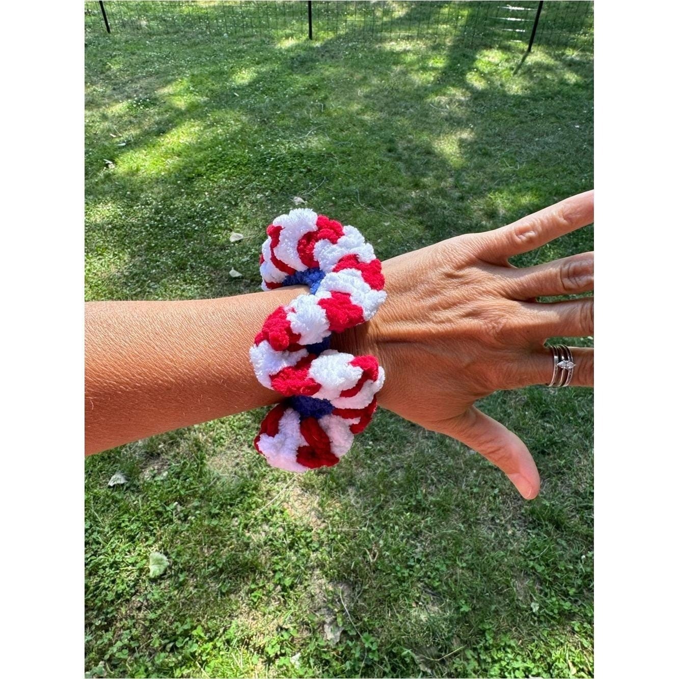 Colorful Large striped Red White Blue Scrunchie NEW