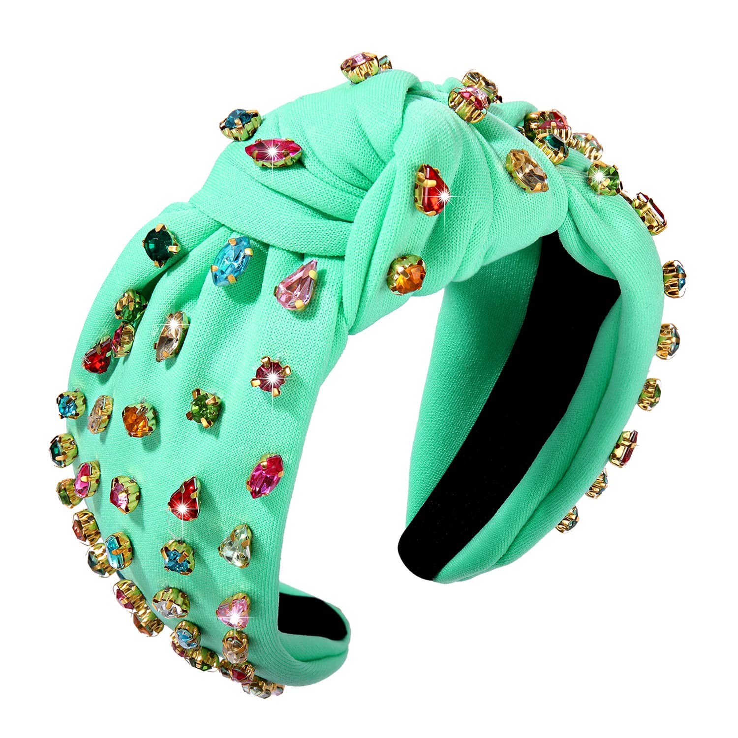 Green Rhinestone Crystal Beaded Jeweled Knotted Top Knot Headband For Women