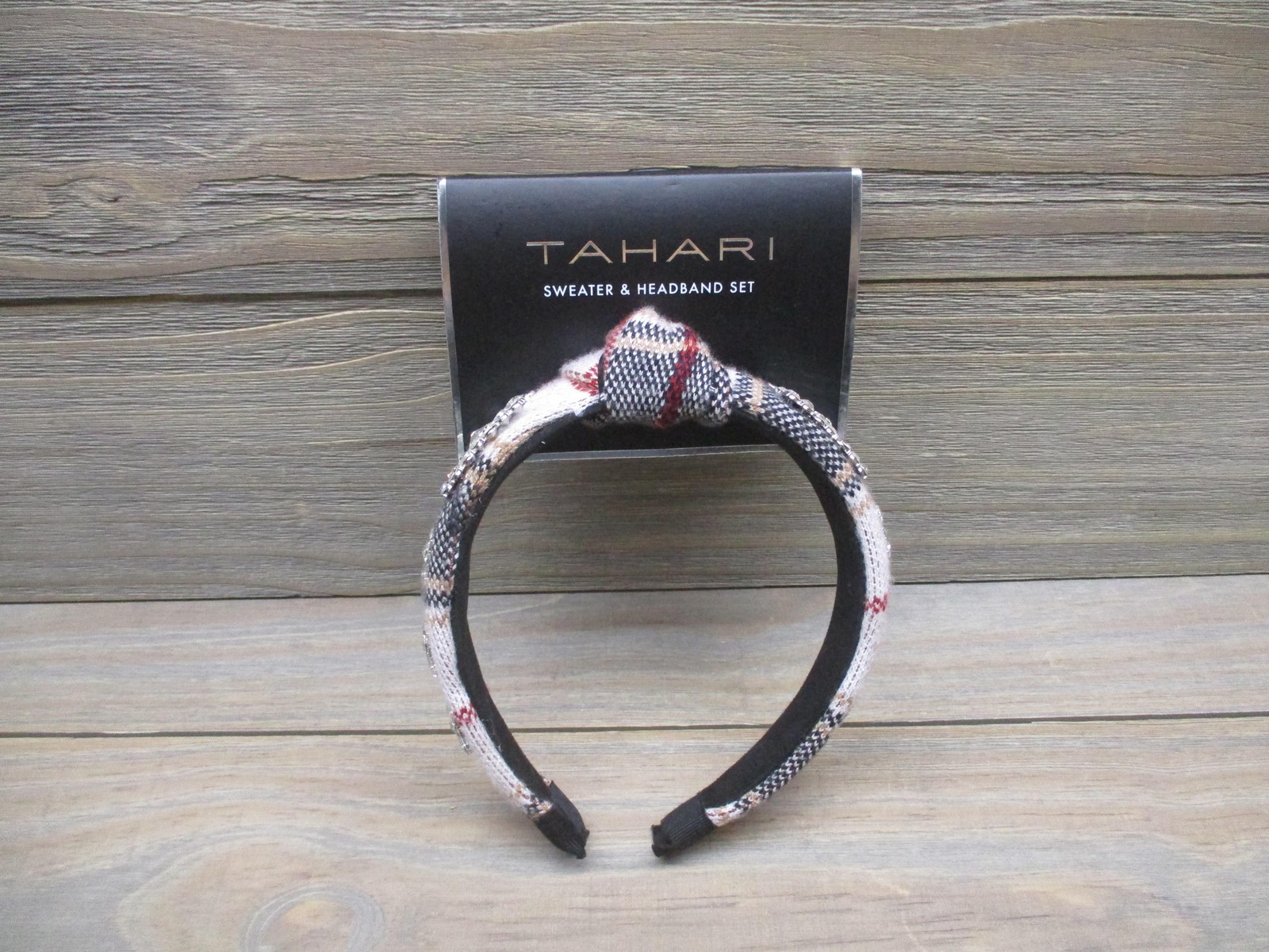 Tahari Headband Womens One Size Plaid Knit Padded Rhinestone Embellished