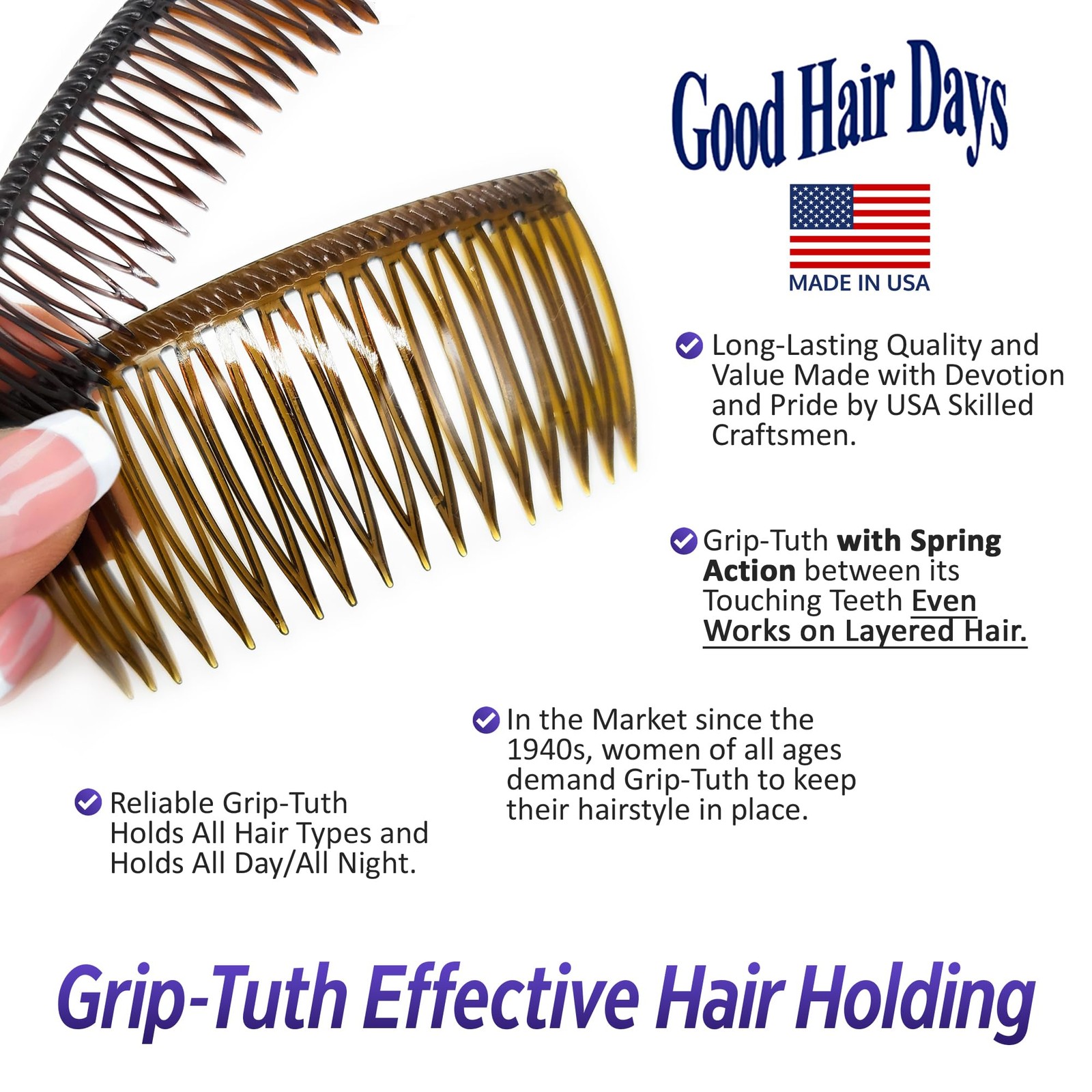 Good Hair Days Grip Tuth Hair Combs, Set of 2, Clear, 1.5 Wide