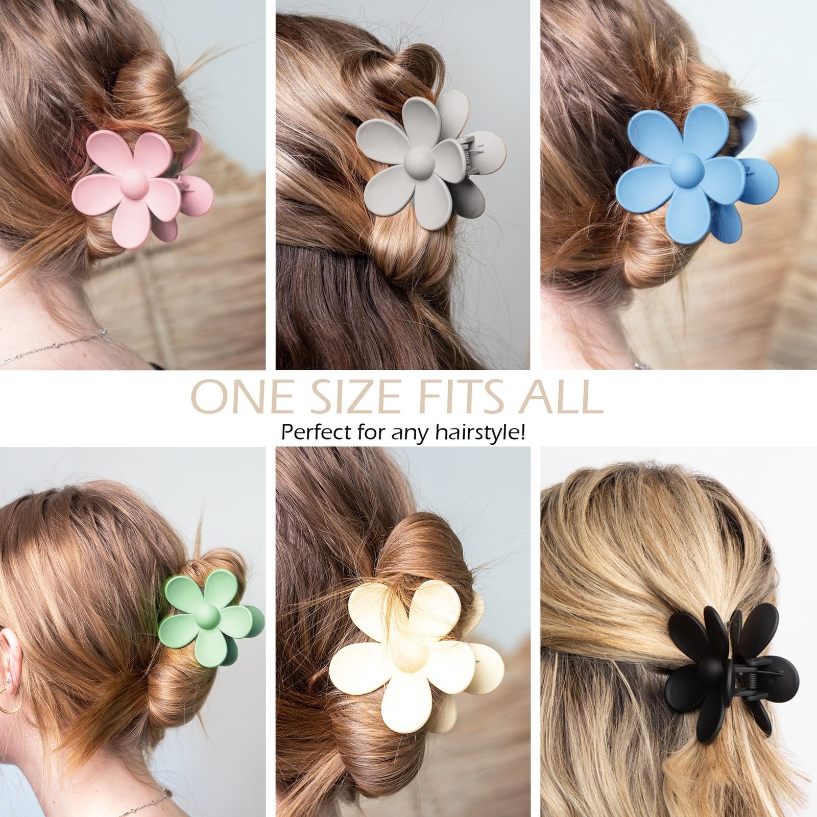 Flower Hair Clips 1 Count (Pack of 6), Black, Blue, Pink, White, Green, Gray