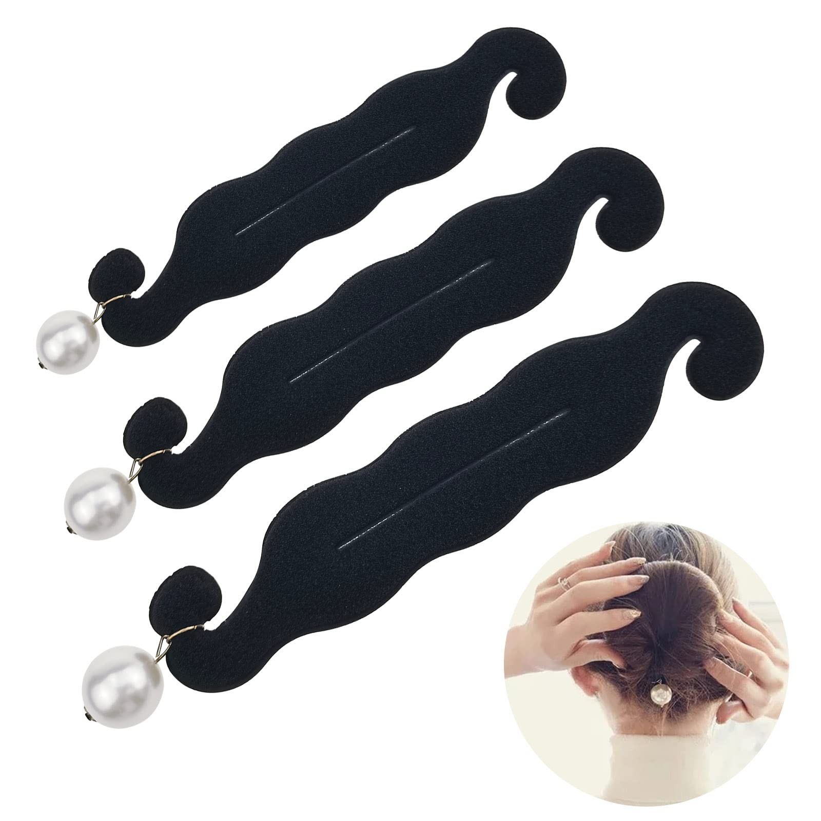 3 PACK Pearl Hair Bun Makers – Lazy Curler Clips, Magic Foam Sponge Donuts fo…