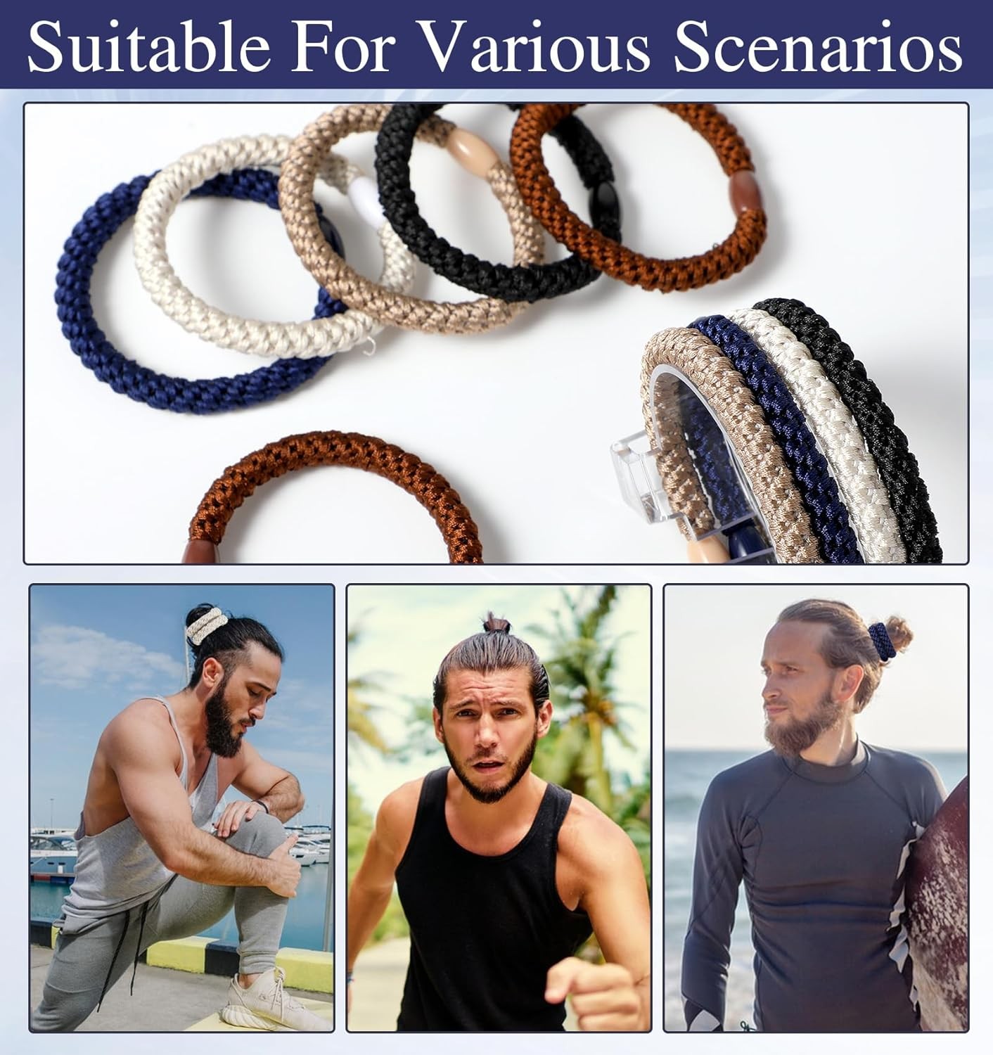 10 Pack Men’s Braided Hair Ties with Beads Elastic Wristbands Multicolor