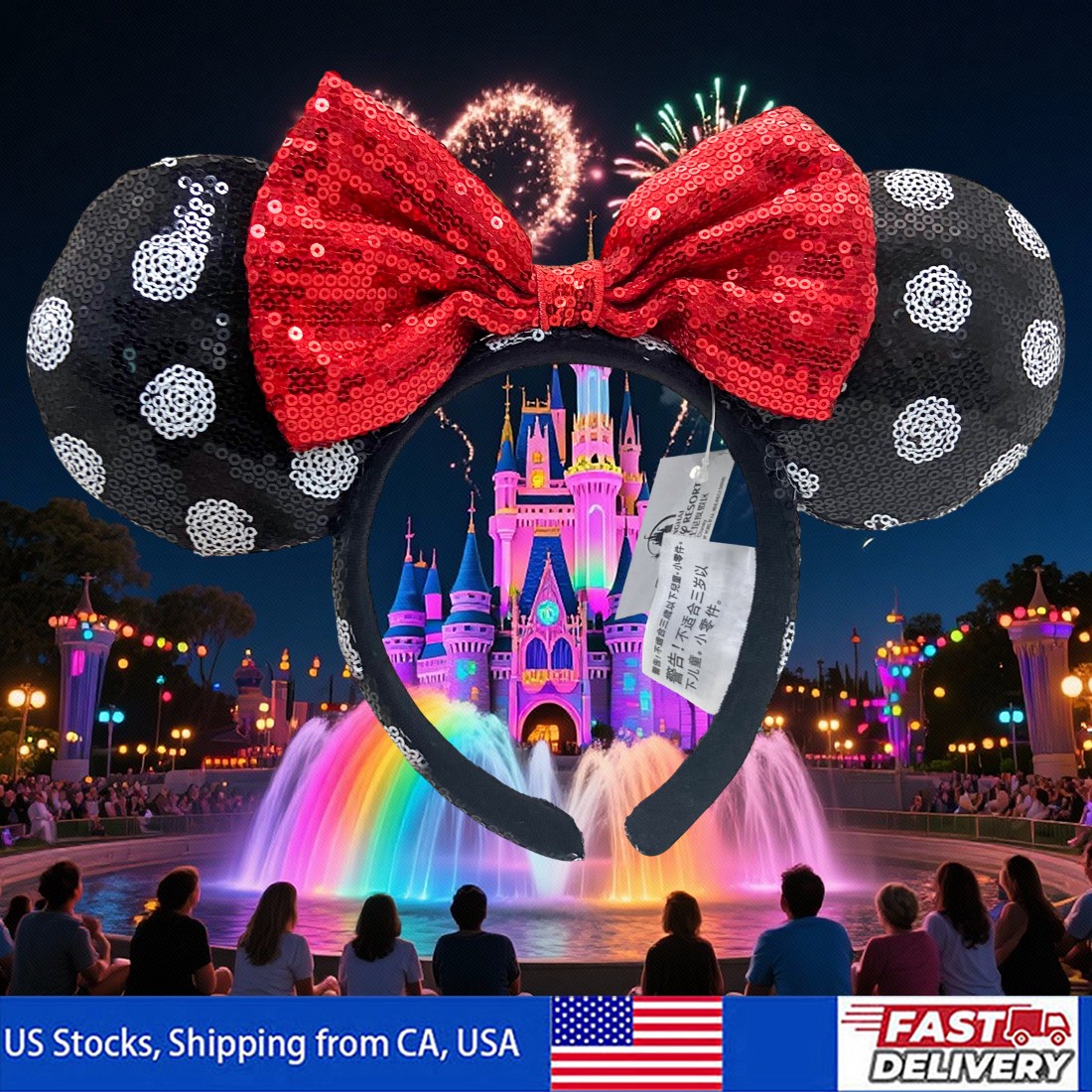 Disney-Parks Minnie Mouse Sequined Black White Polka Dot Red Bow Ears Headband-