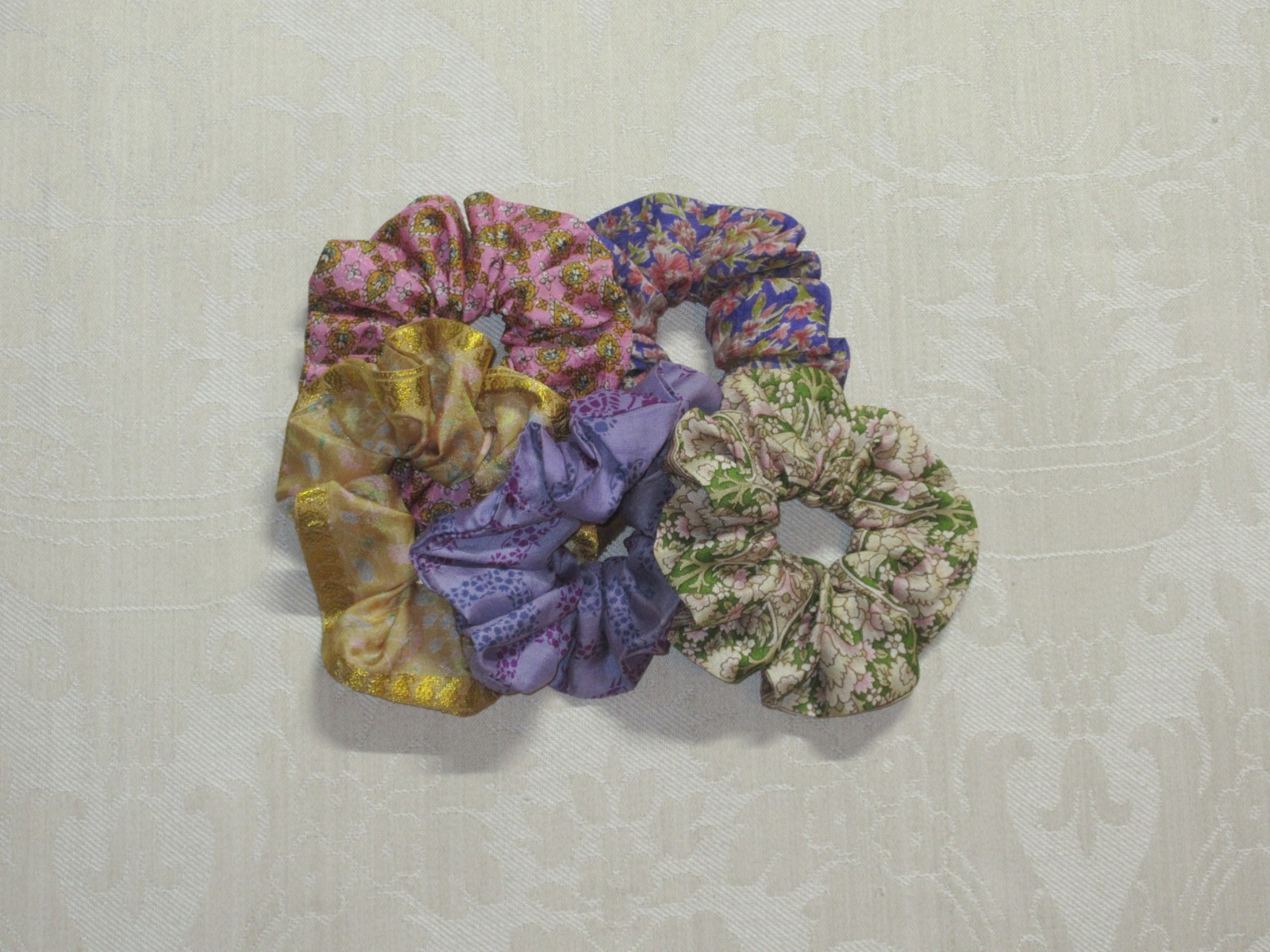 Handmade Boho Multicolor Silk Sari Floral Scrunchie Lot 5pc Pink Purple Gold
