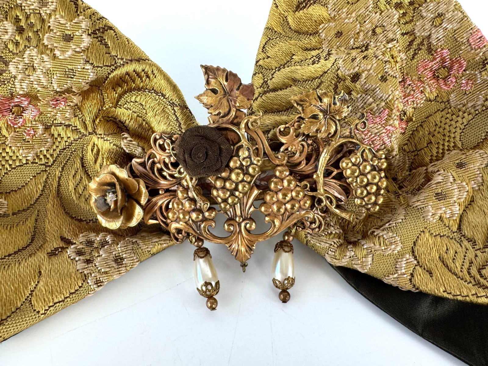 French Designer NWT madein France Vintage Gold Fabric Hair Bow Barrett Accessory