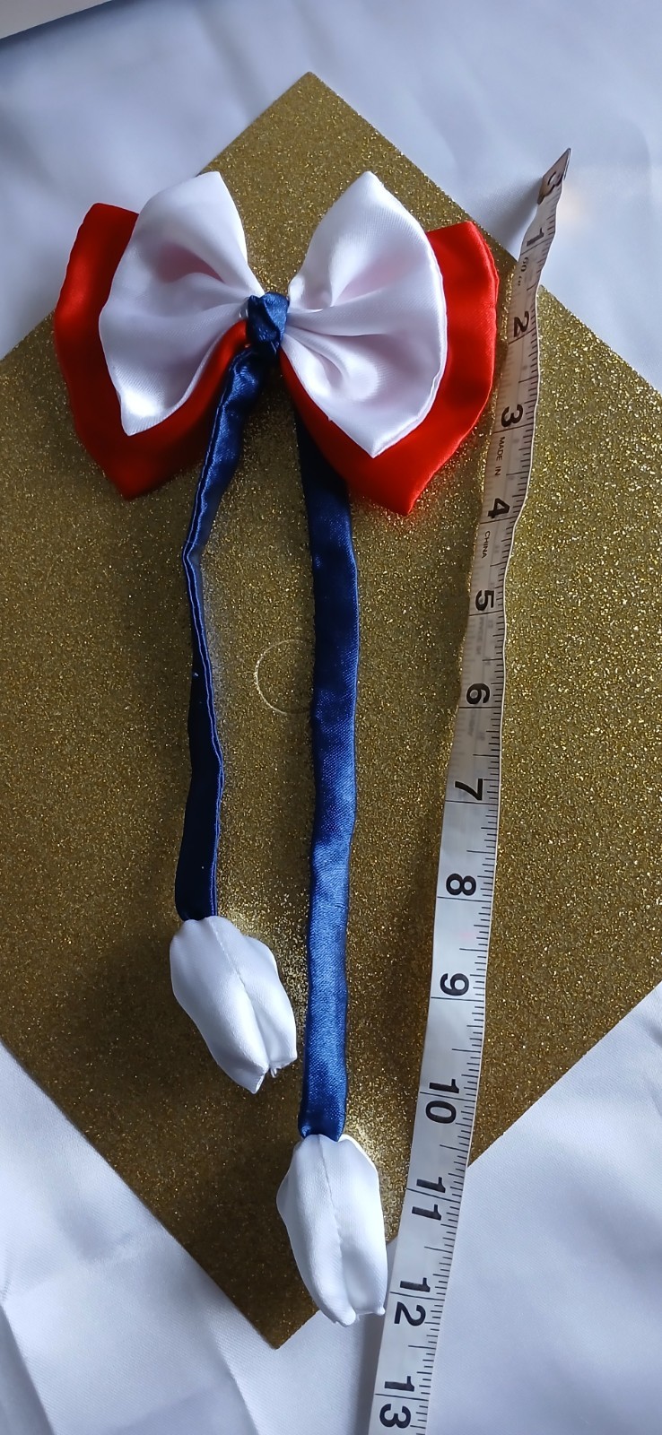 Set of 2 Red & White Satin Bow Hair Clip Barrettes w/ Long Blue Ribbon Tails