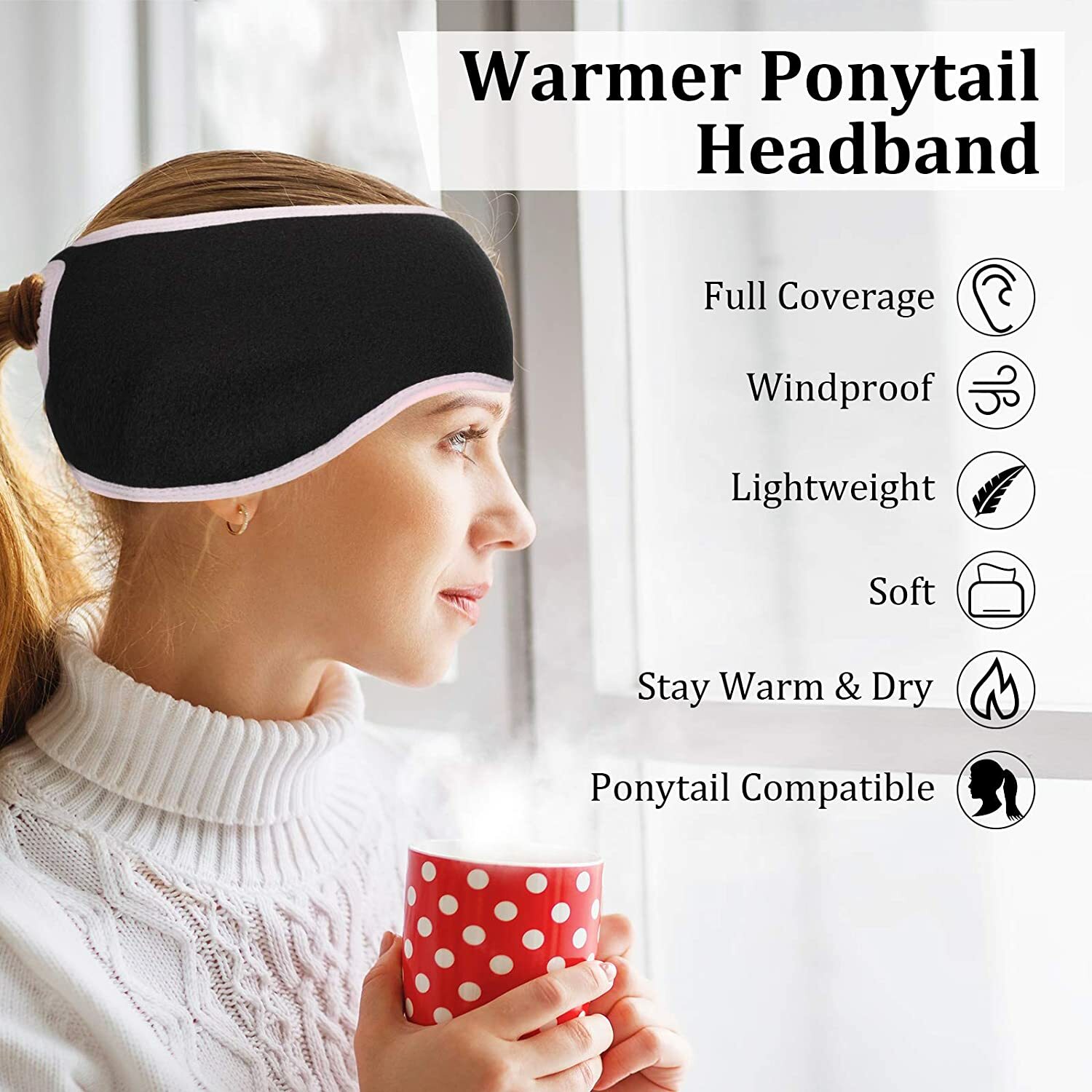 Women Ponytail Headband Fleece Earband Winter Running Moisture Wicking Headband
