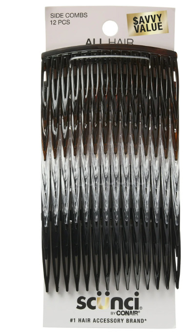 Scunci Plastic Side Hair Combs, Black, Clear, and Tortoise Shell, 12 Ct