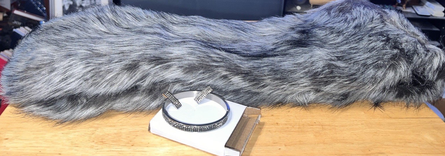 Faux Fur Gray 40 Inch Long Stole Winter Accessory, Bracelet, and Earrings Set