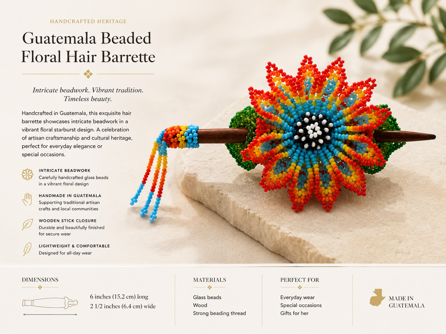Guatemala Artisan Beaded Floral Hair Barrette Wooden Hair Accessory #2026053002