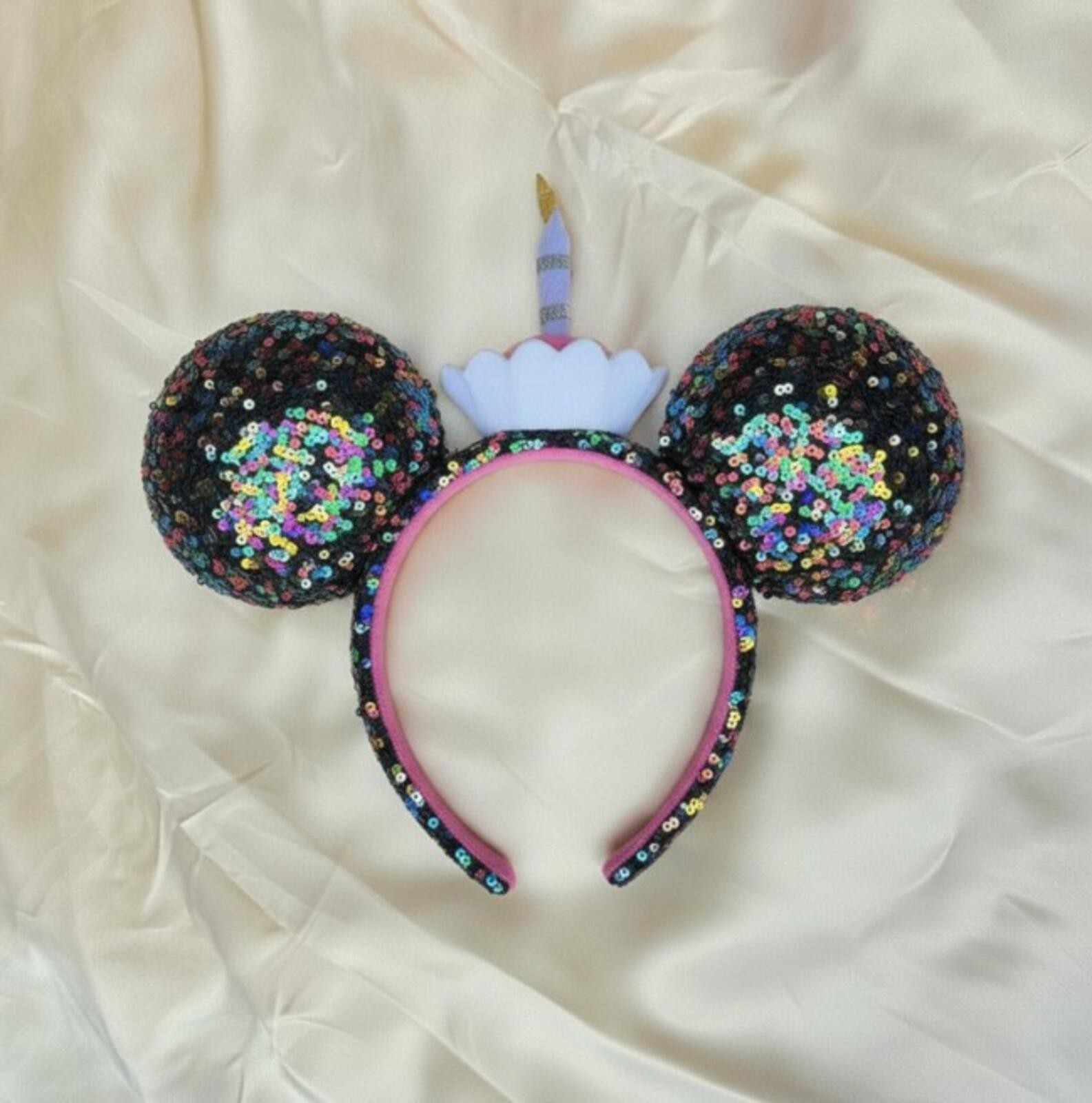 New Happy Birthday Minnie Ears Cupcake Candle Sequin Headband