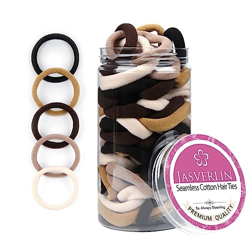 100 pcs Seamless Cotton Hair Ties, Thick Hair Elastic Bands Soft No 5 Colors
