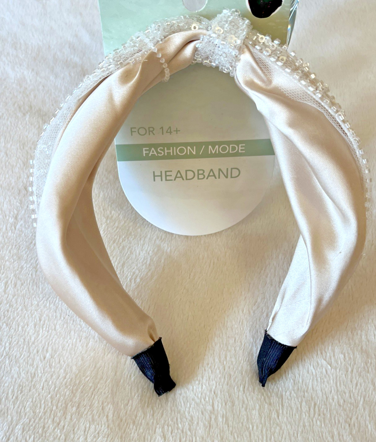 Sparkling Sequins Tulle Champagne/Beige Satin Bridal Headband Women: NWT