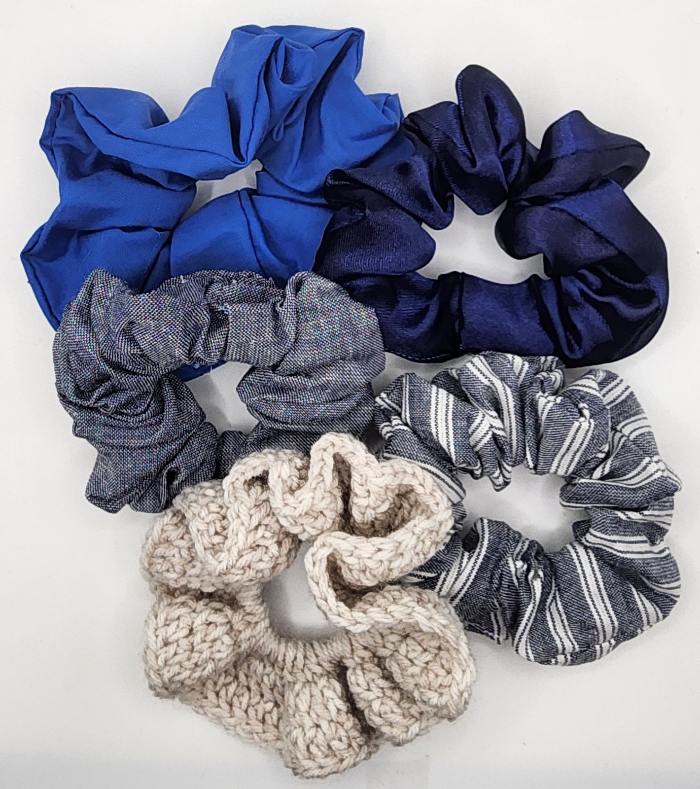 Handmade Scrunchie Set Lot of 5 Crochet Fabric Hair Ties Blue, Tan, Grey, Stripe