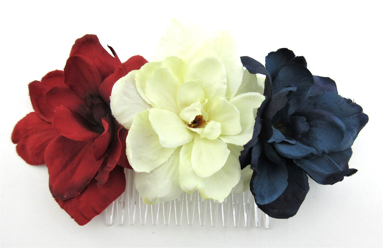 Triple Red White Blue Apple Blossom Silk Flowers Hair Comb