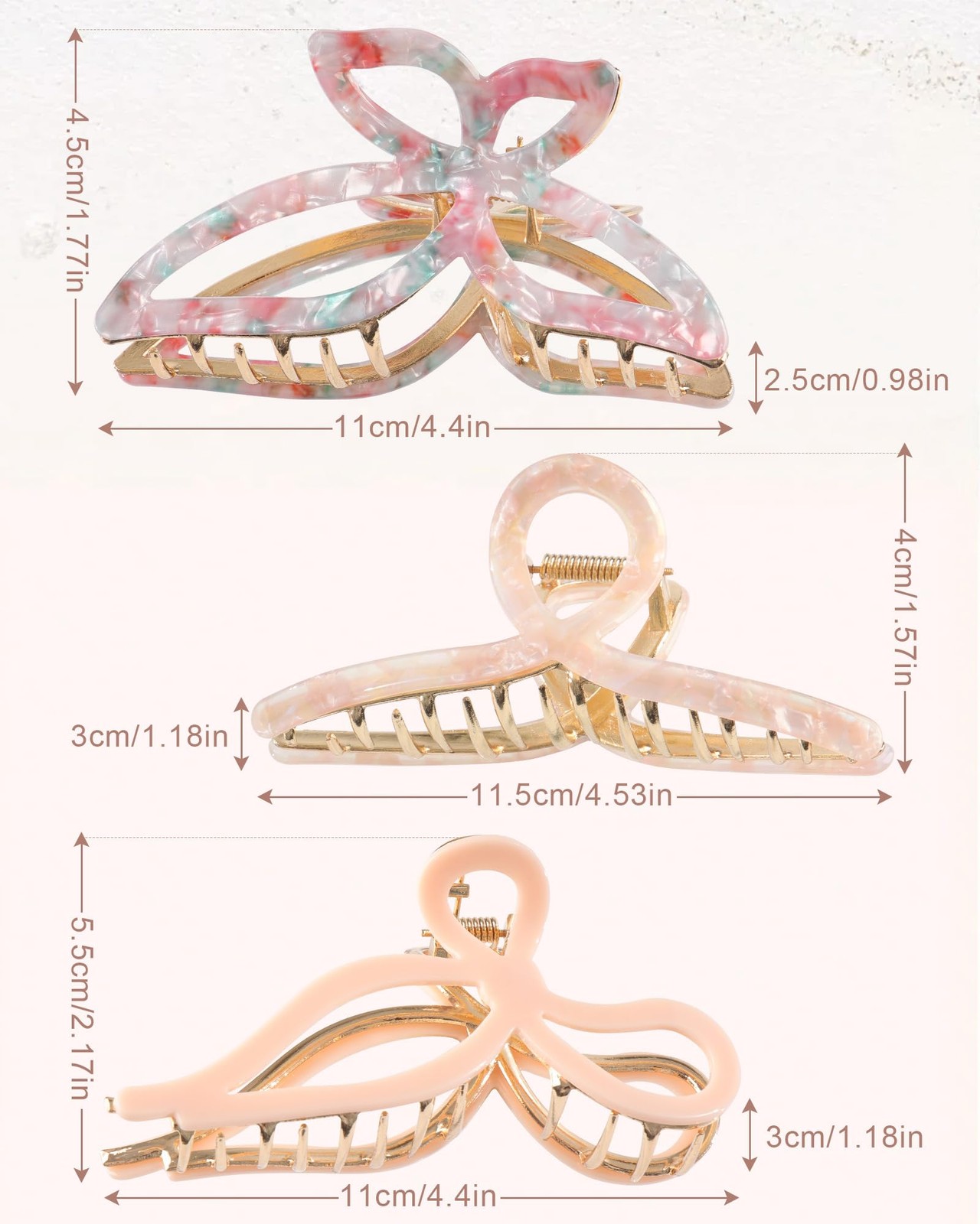 3 PCS Metal Acrylic Hair Bow Claw Clips Strong Hold Non Slip Large Gold Thick