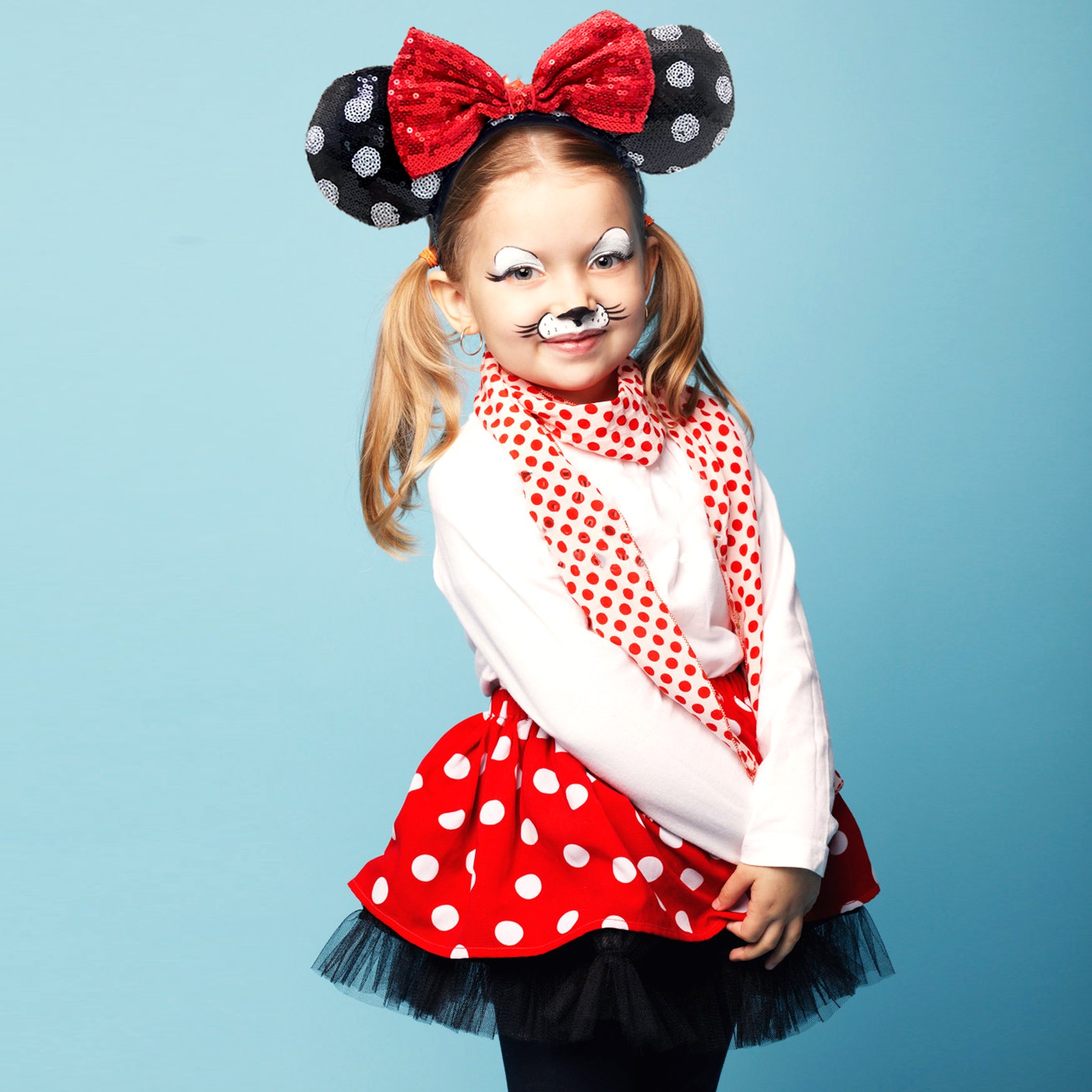 Disney-Parks Minnie Mouse Sequined Black White Polka Dot Red Bow Ears Headband-